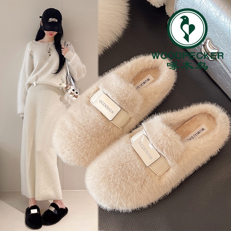 啄木鸟毛毛拖鞋女外穿包头半拖鞋2025新秋冬温柔晚晚鞋毛茸茸棉拖