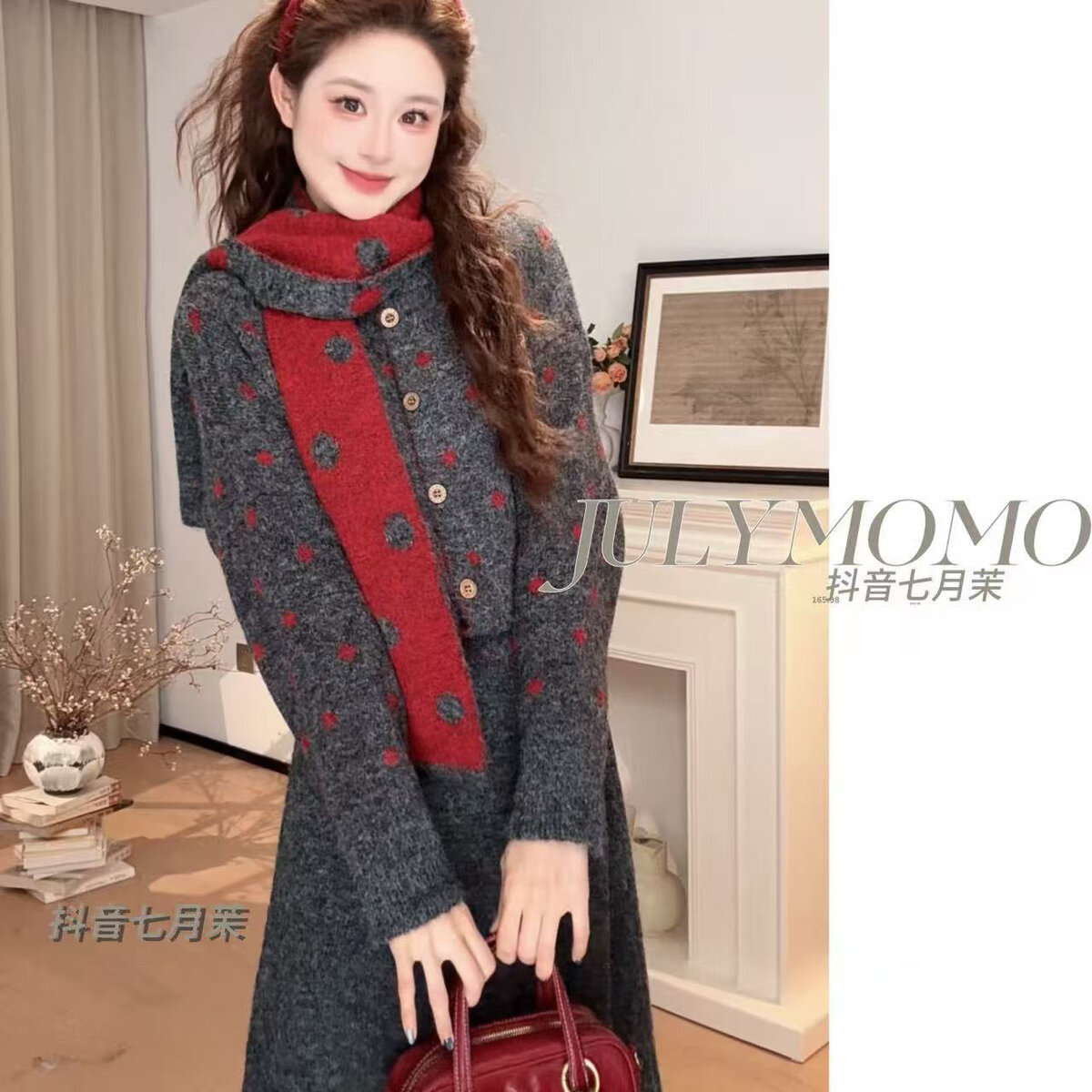 超好看新款一整套女秋冬圈圈开衫围脖款+半身裙两件套