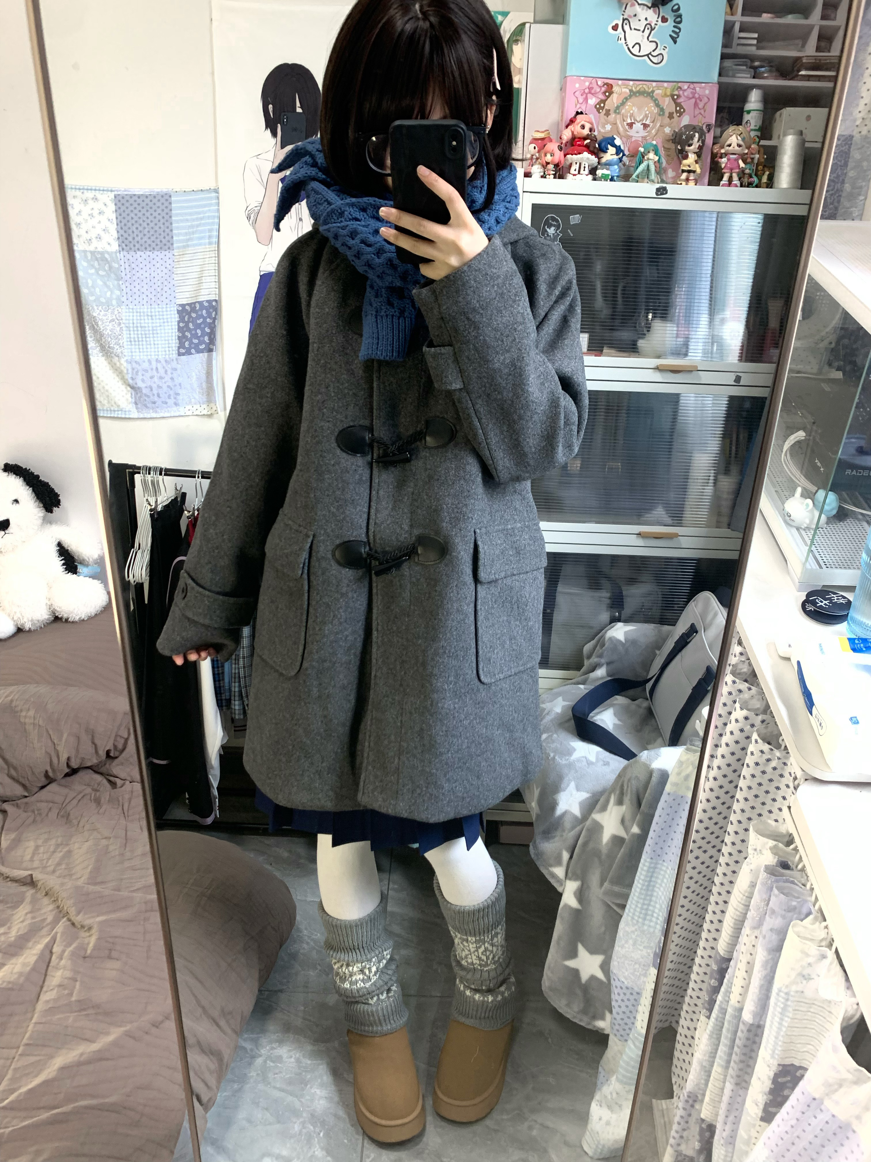 绒月岛原创jk牛角扣校供感呢大衣女秋冬学院风灰色连帽外套加厚款