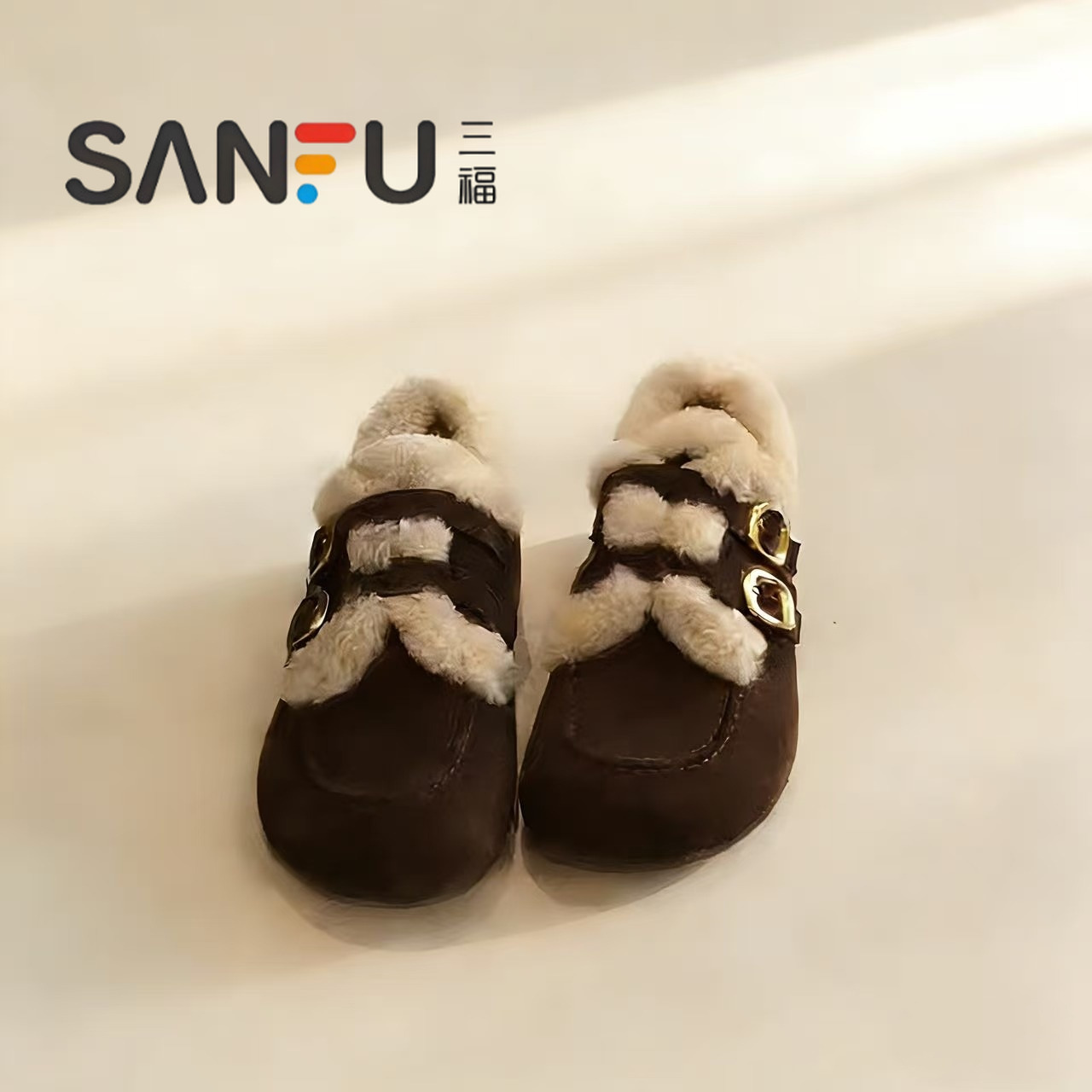 三福毛毛勃肯鞋女加绒保暖棉鞋女2025新款冬季复古乐福鞋豆豆鞋子