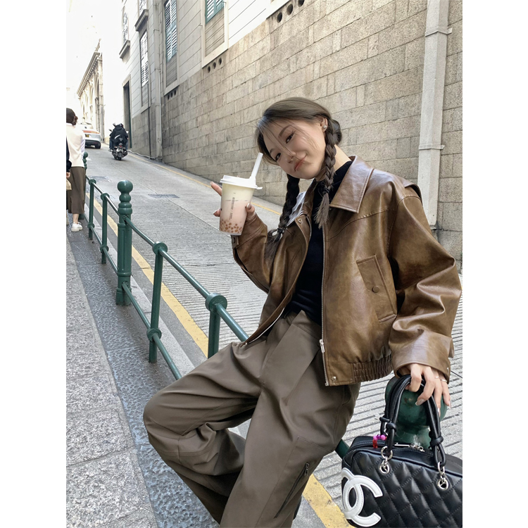棕色皮衣外套女短款2025春秋新款韩系宽松休闲复古PU机车夹克上衣