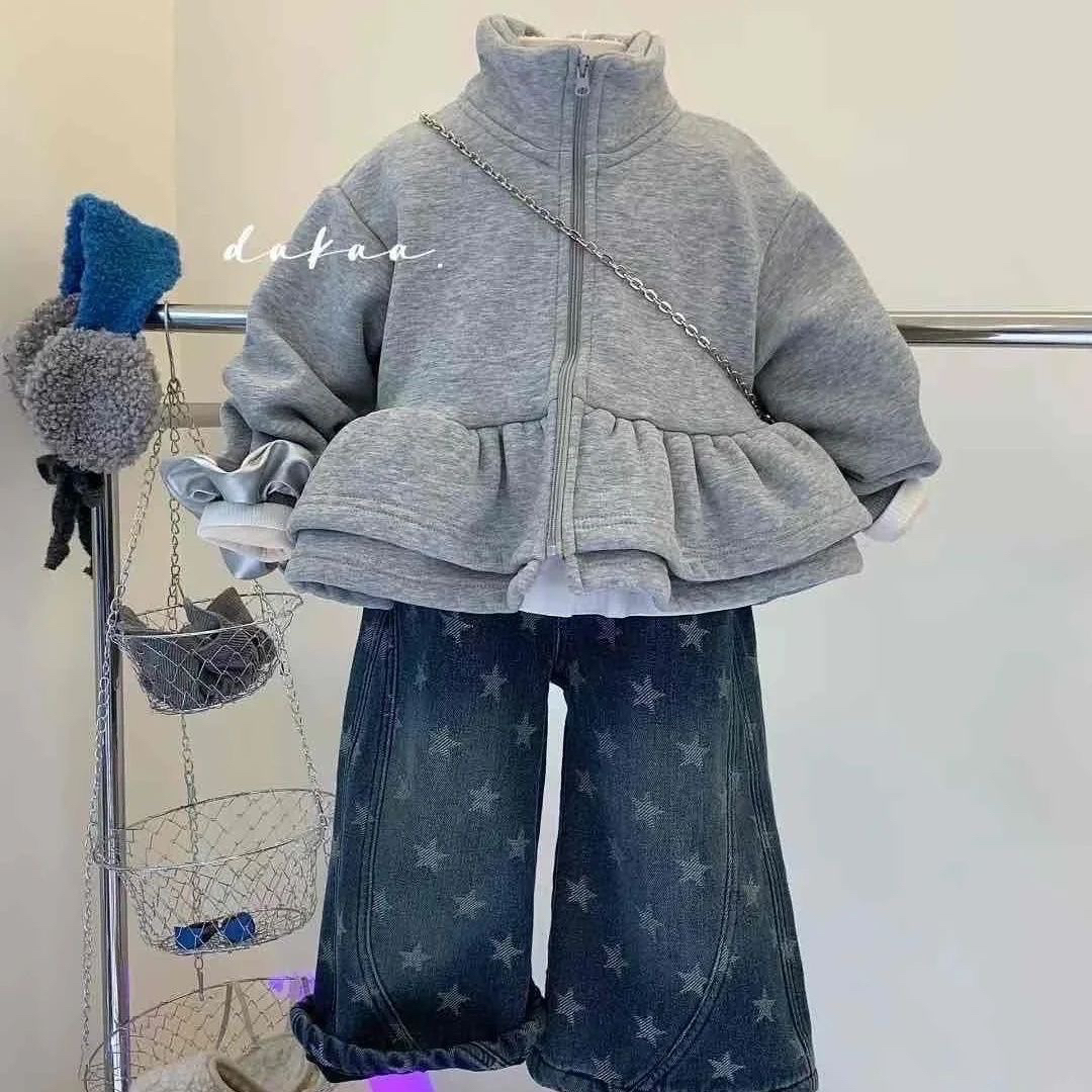 女童外套儿童一体绒秋装2025新款灰色洋气时髦上衣休闲韩式服装