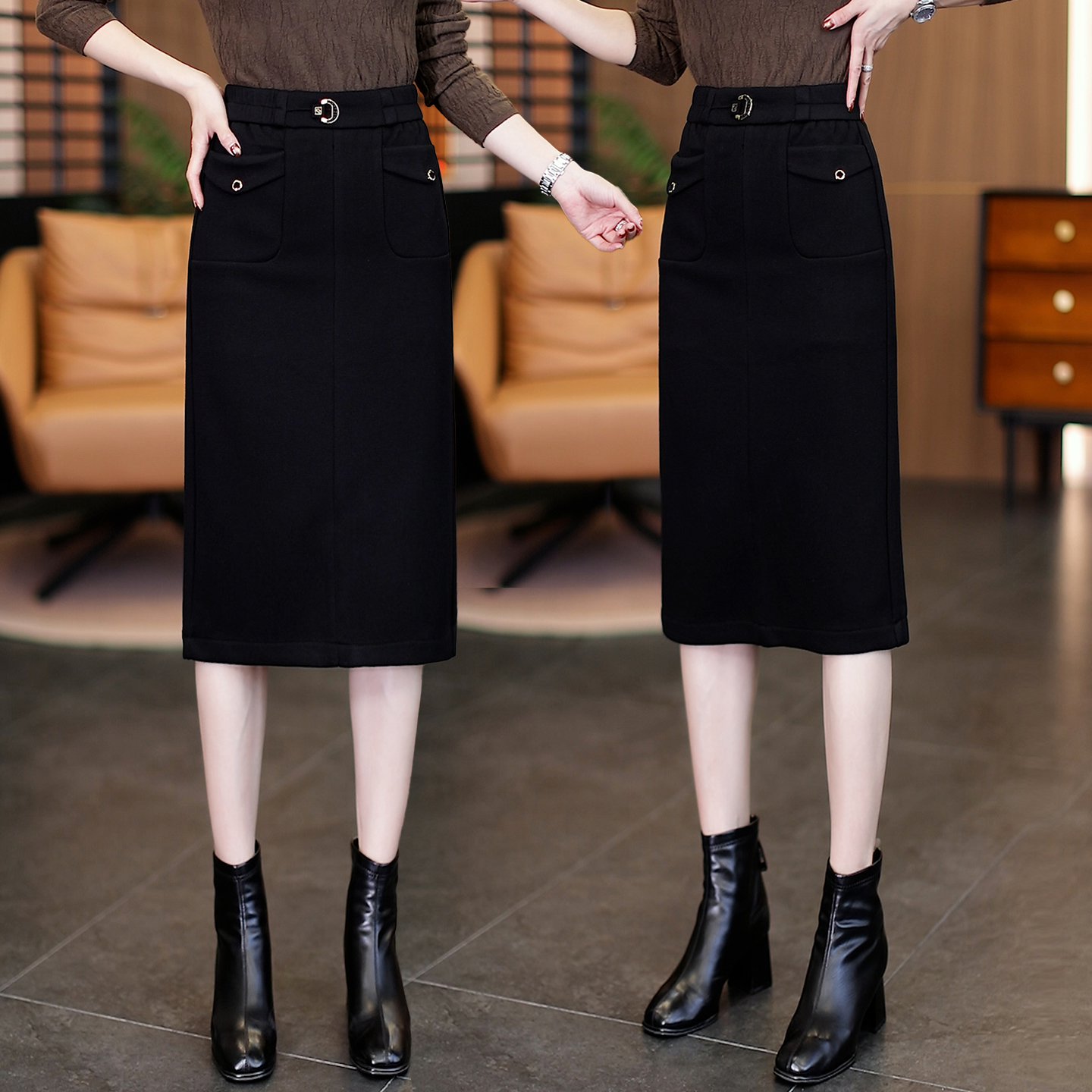 毛呢半身裙女秋冬季2025新款松紧高腰直筒一步裙中长款显瘦包臀裙