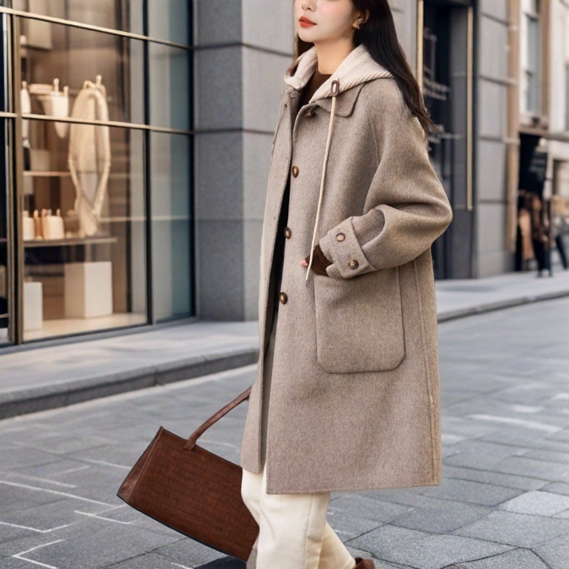 秋冬新款毛呢大衣女感慵懒风洋气优雅减龄连帽毛呢外套女