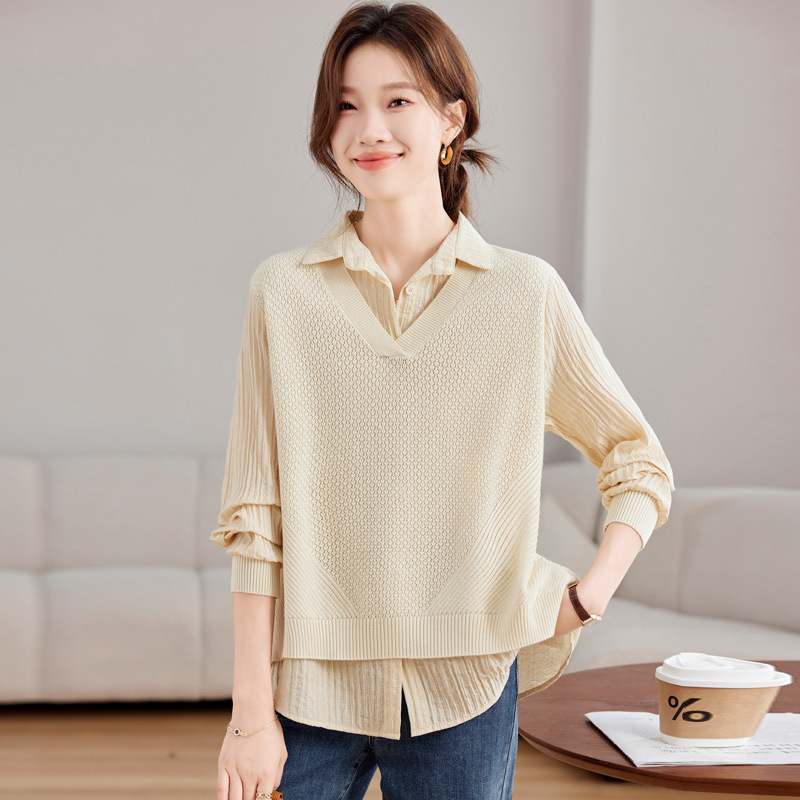 长袖衬衫女2024新款早秋气质卫衣时尚洋气独特别致假两件春秋上衣