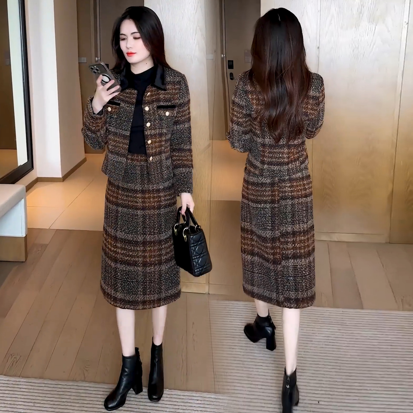 小香风套装2025新款秋冬格纹毛呢外套半身裙中长款修身两件套裙女