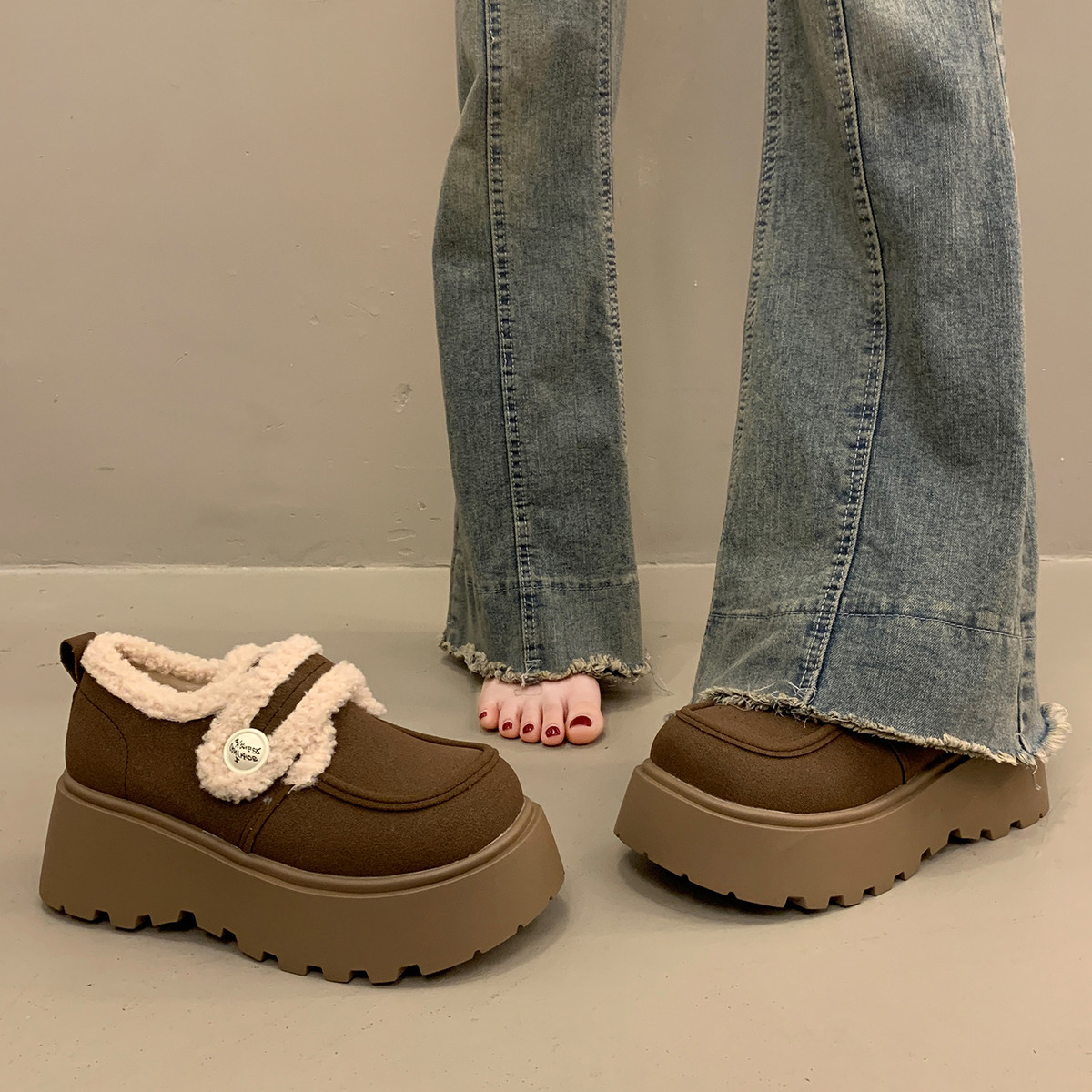 加绒保暖增高厚底勃肯鞋女冬季毛绒棉鞋2025新款爆款棕色深口单鞋