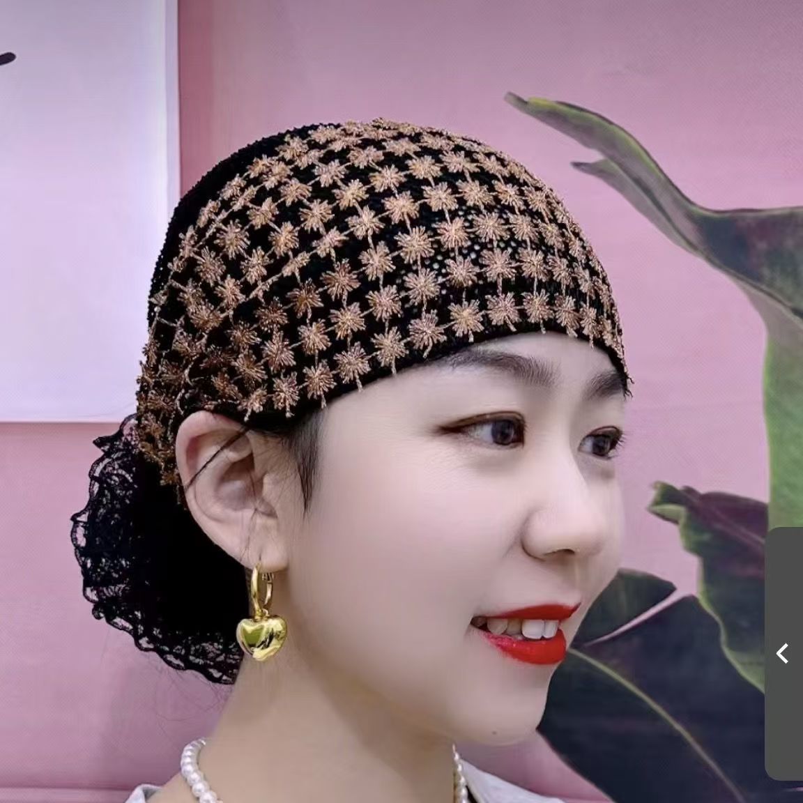 洋气四季白发帽钉包头透气假发百搭梅花妈妈新款老人带帽时尚头巾