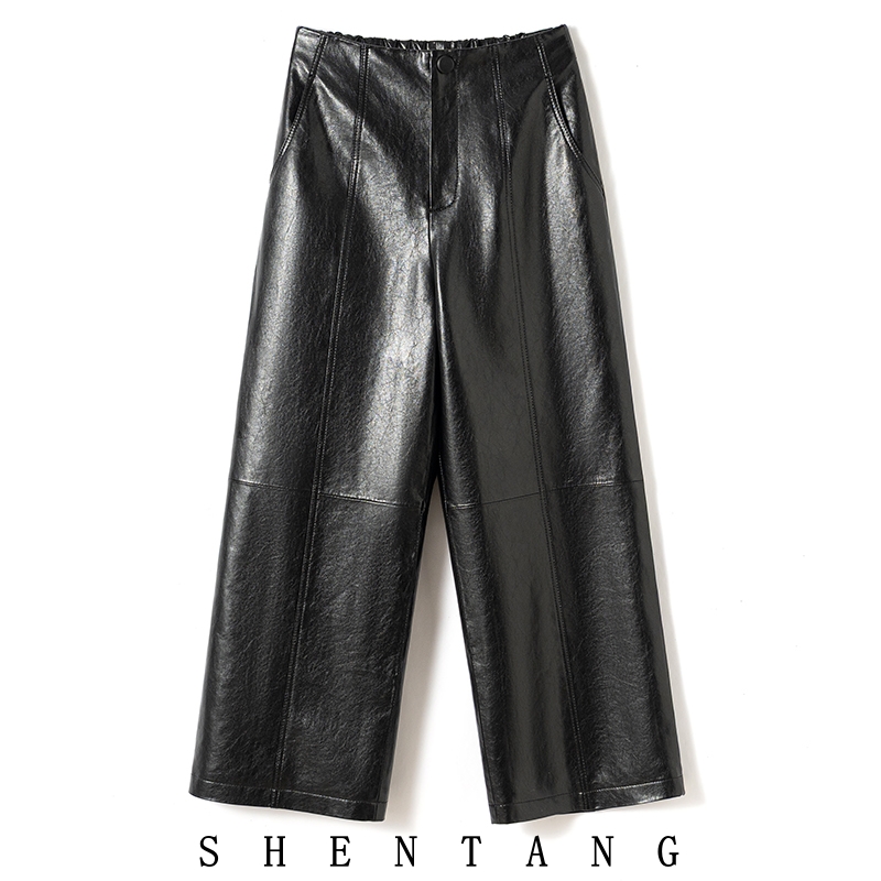 2511水晶翡翠油蜡真皮皮裤女羊皮秋冬新款真皮长裤显瘦宽松阔腿裤