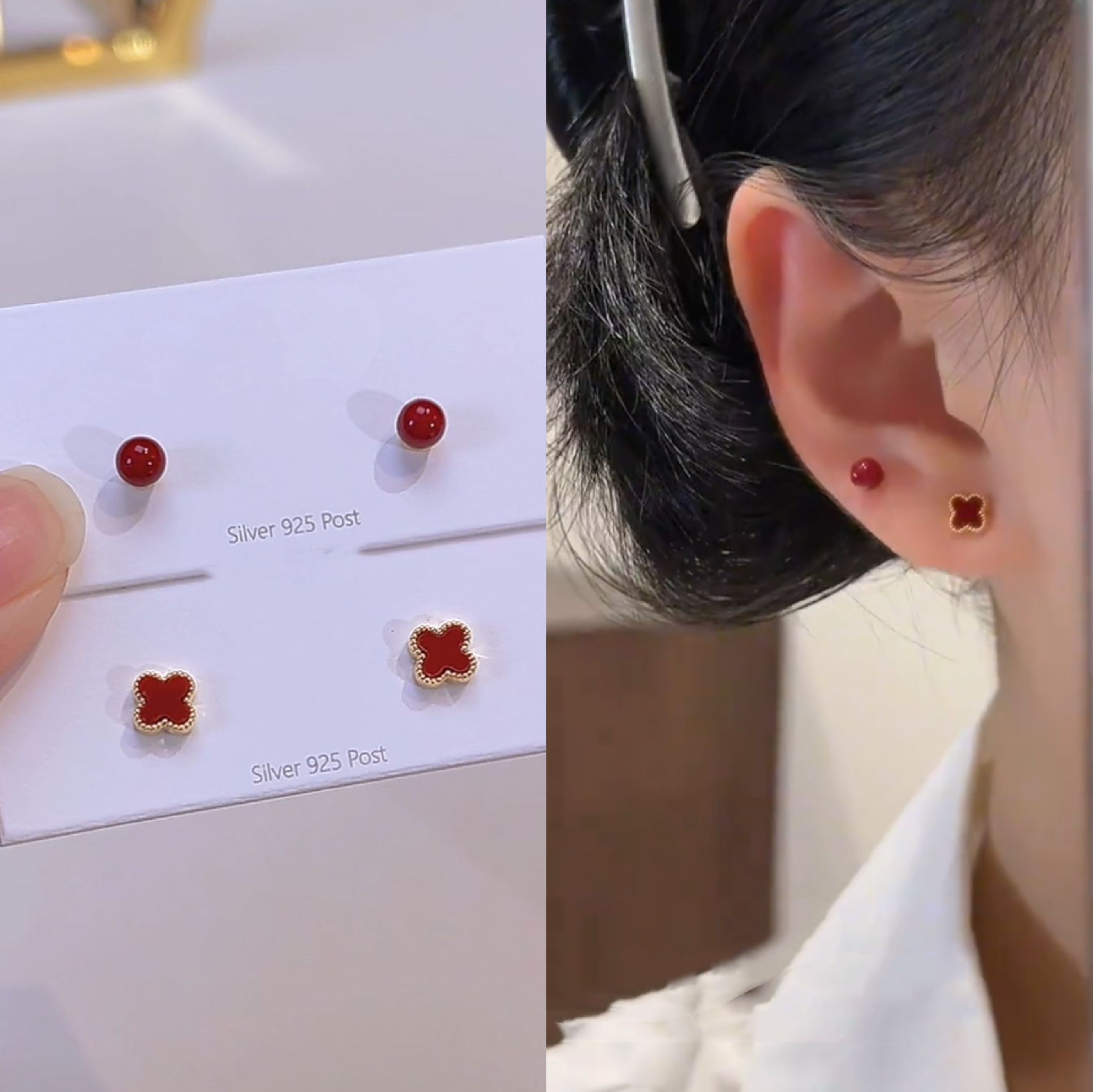铜合金耳饰 925银针红色经典四叶花简约豆豆耳钉女小众高级感耳饰