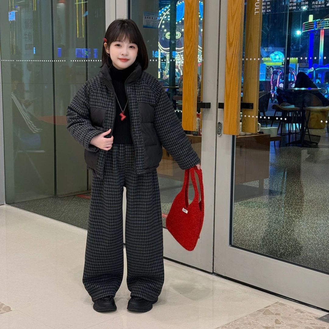 女童格子棉服套装冬季加绒加厚2025新款洋气中大童冬款儿童两件套
