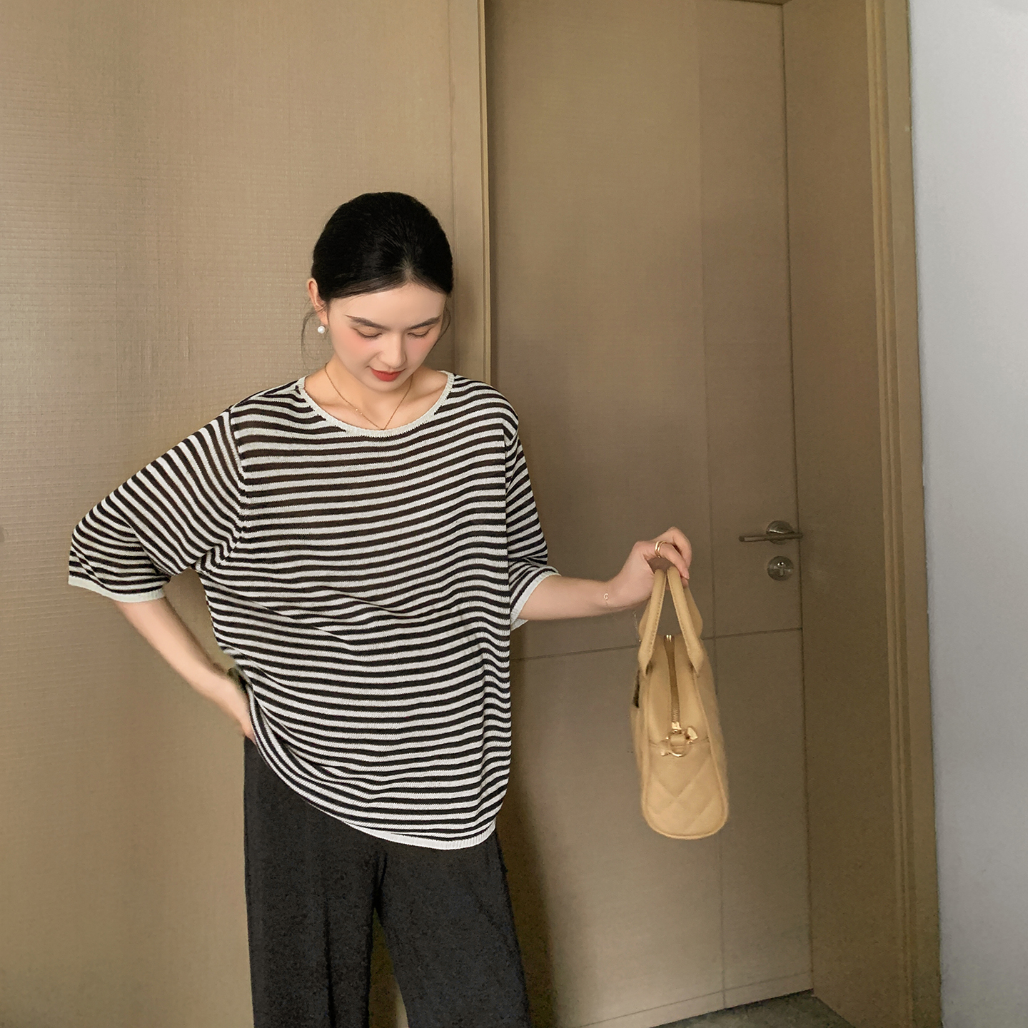 ZMA孕妇装【中袖冰丝条纹】春秋慵懒风外穿上衣休闲孕妇显瘦时尚