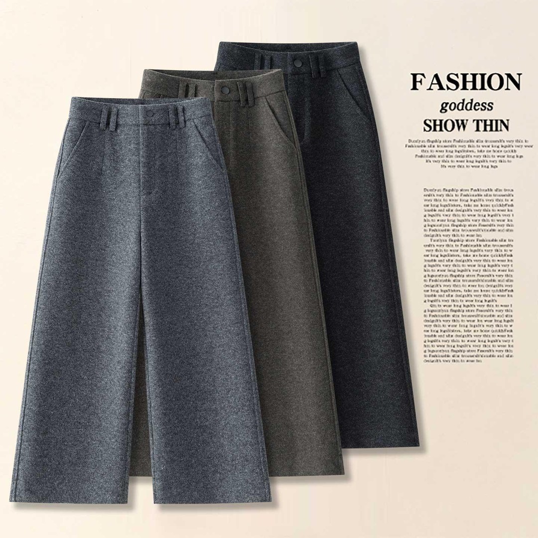 2025秋冬新款毛呢阔腿裤女高腰时尚八分直筒裤小个子九分休闲裤