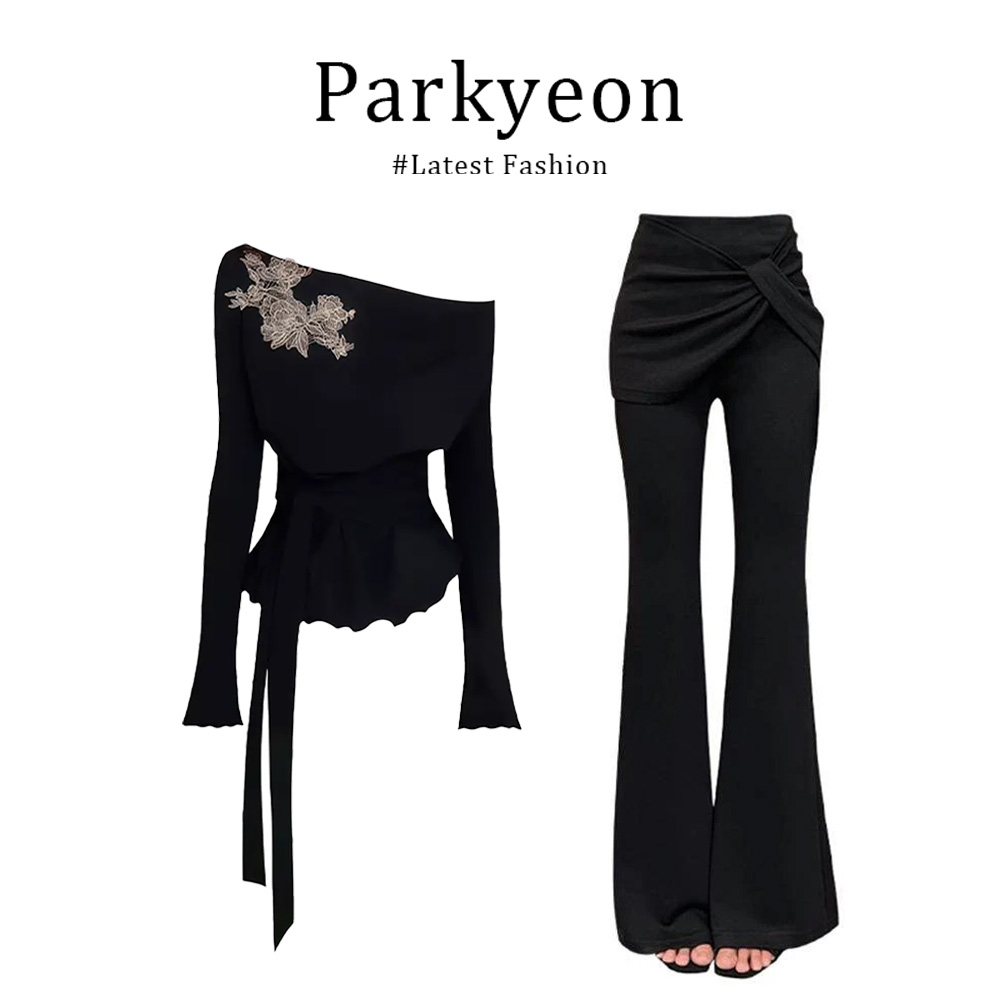 高级感国风刺绣不规则斜肩长袖T恤上衣微喇休闲裤套装女