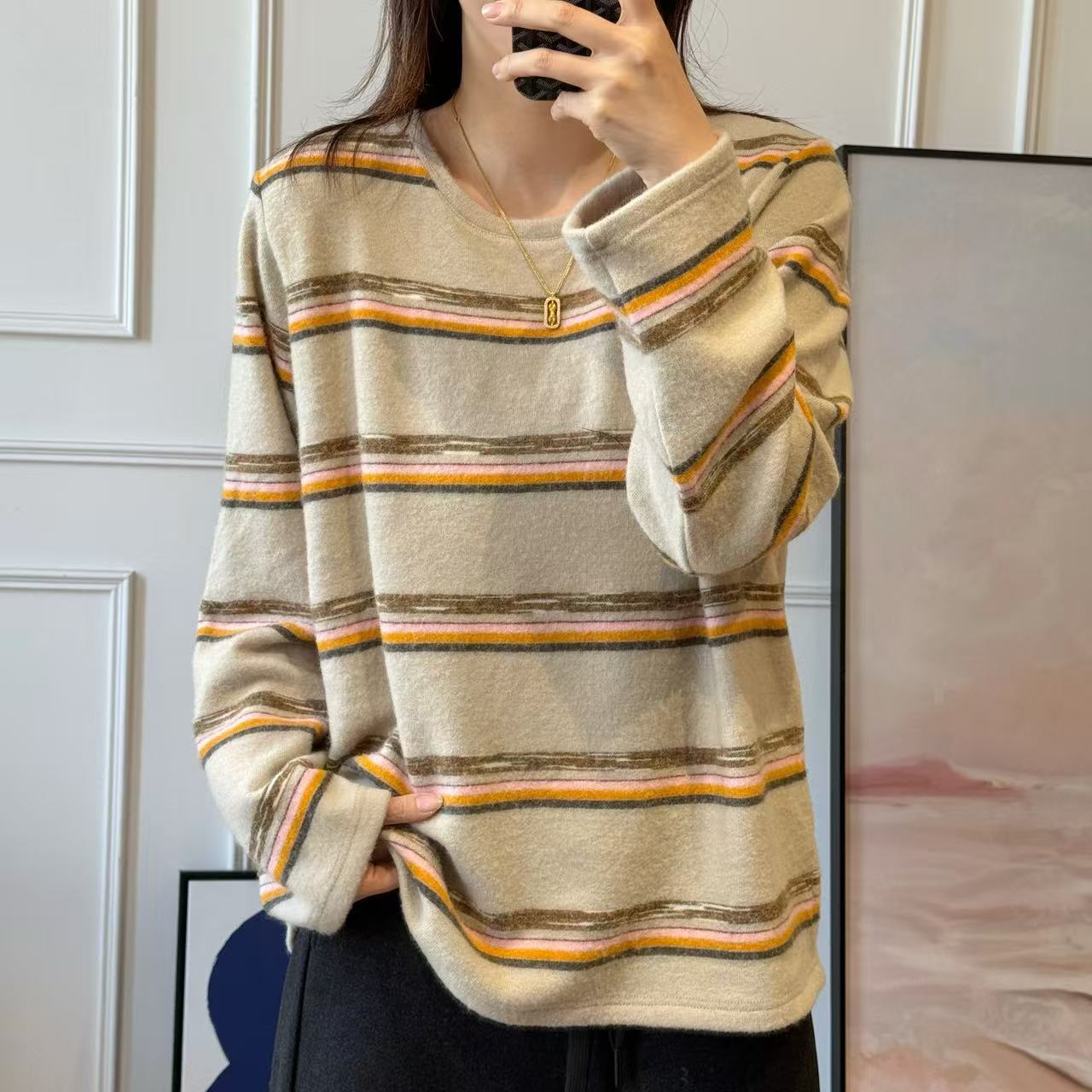 美亚恩NANA【焦糖条纹】秋冬加厚圆领撞色条纹长袖洋气保暖C0568