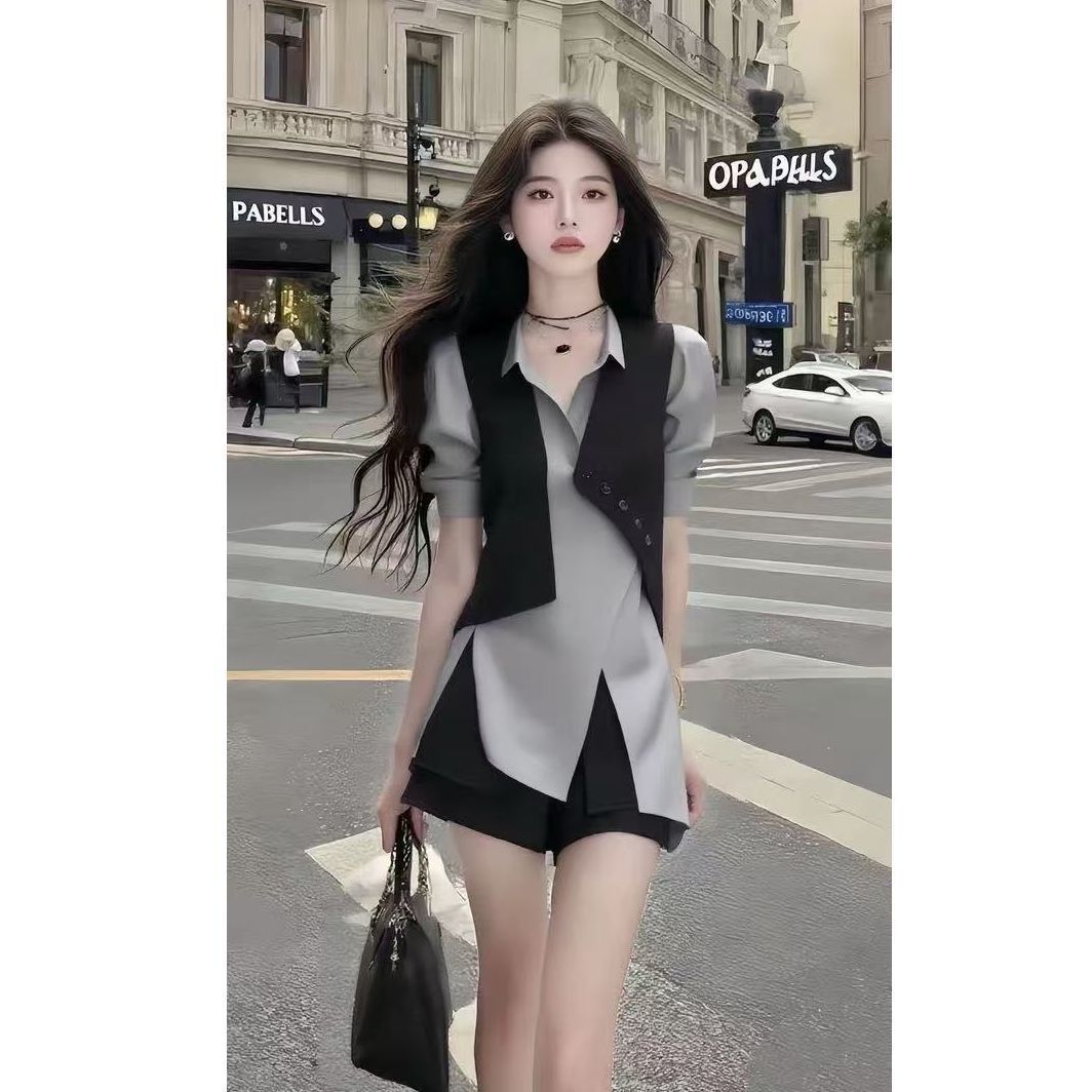 2025夏季新款小众设计不规则Polo领短袖灰色两件套时尚百搭女装