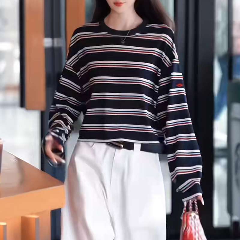 万达专柜撤柜撞色条纹长袖针织衫女2025内搭女打底衫一字肩上衣高