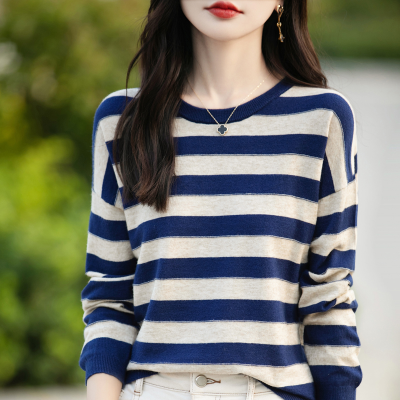 品牌宽松圆领针织秋季衫时尚条纹长袖百搭套头春秋秋冬薄款
