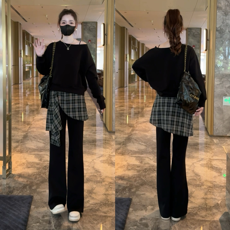 新款时尚套装2025显瘦斜肩卫衣+拼接格子喇裤时尚套装