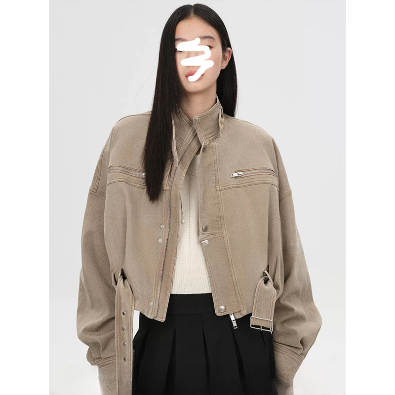 韩系复古巴恩风立领短款外套女2025早秋新款设计感机车夹克上衣潮