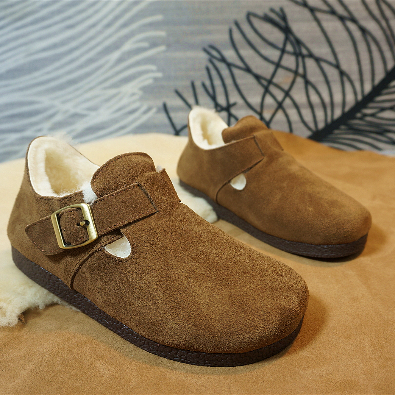 秋冬新款牛皮勃肯鞋  羊毛套脚懒人鞋 橡胶防滑 情侣款8199-1