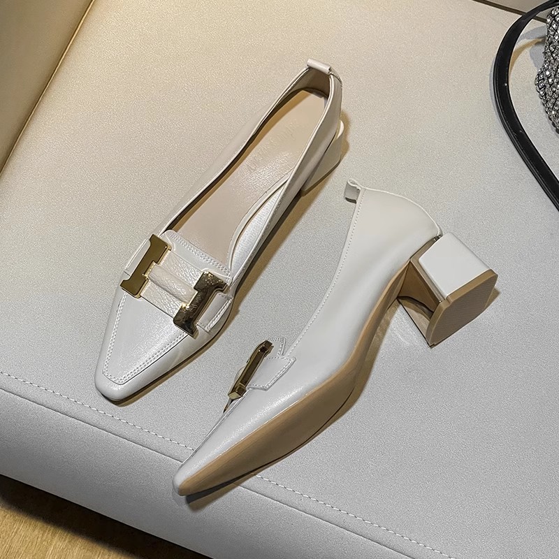 WANSSENY粗跟单鞋女2025年新款春季法式白色气质舒适软皮高跟鞋