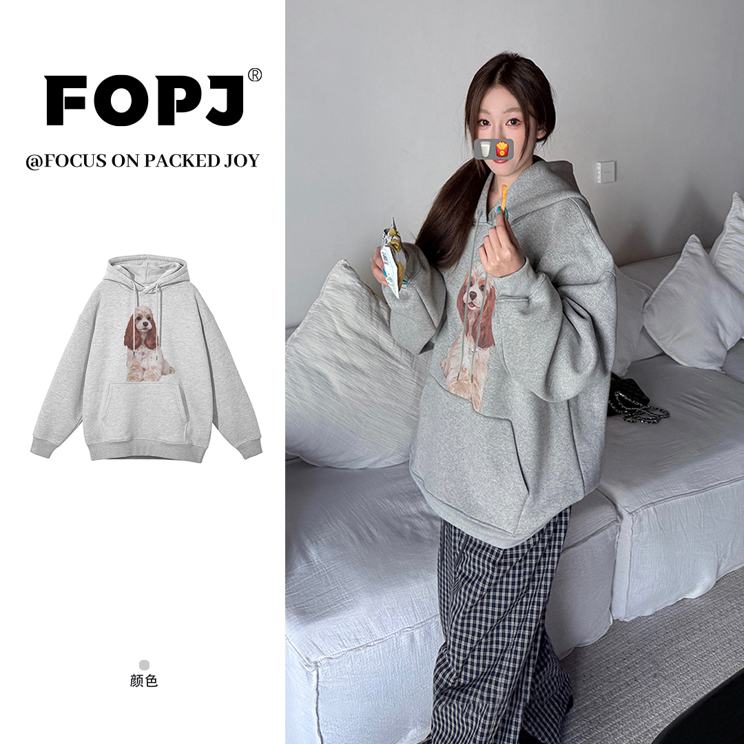 FOPJ韩系小狗印花连帽长袖卫衣女春秋款加绒加厚时尚百搭外套上衣