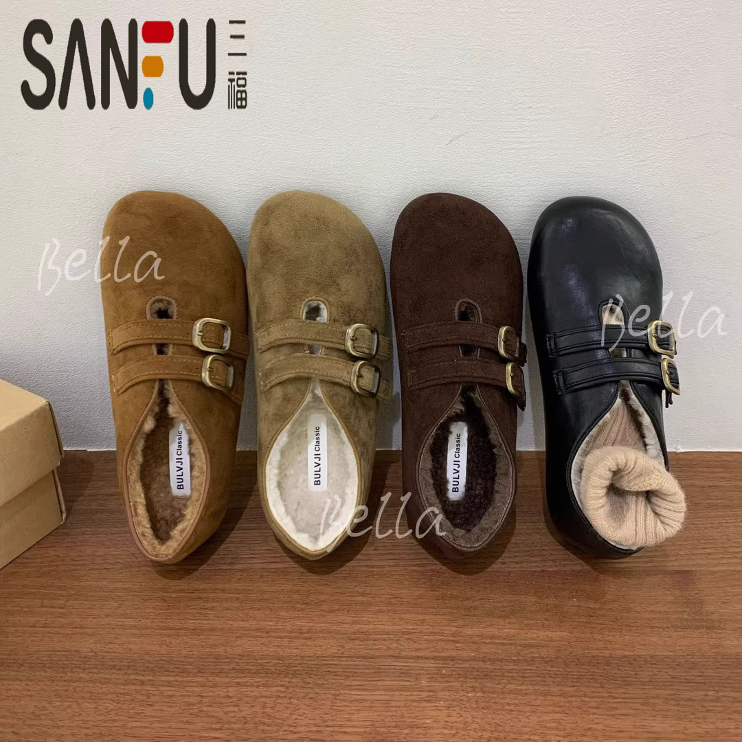 三福复古加绒平底豆豆鞋皮带扣棕色乐福鞋毛毛鞋外穿百搭通勤棉鞋