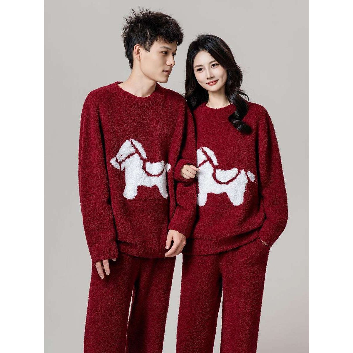 双12冬季情侣款睡衣半边绒加厚加绒软绵绵家居服套装高级感红色本