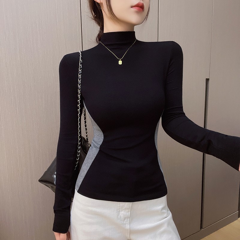 2026秋冬新款长袖女小众撞色韩式半高领内搭收腰显瘦打底修身上衣