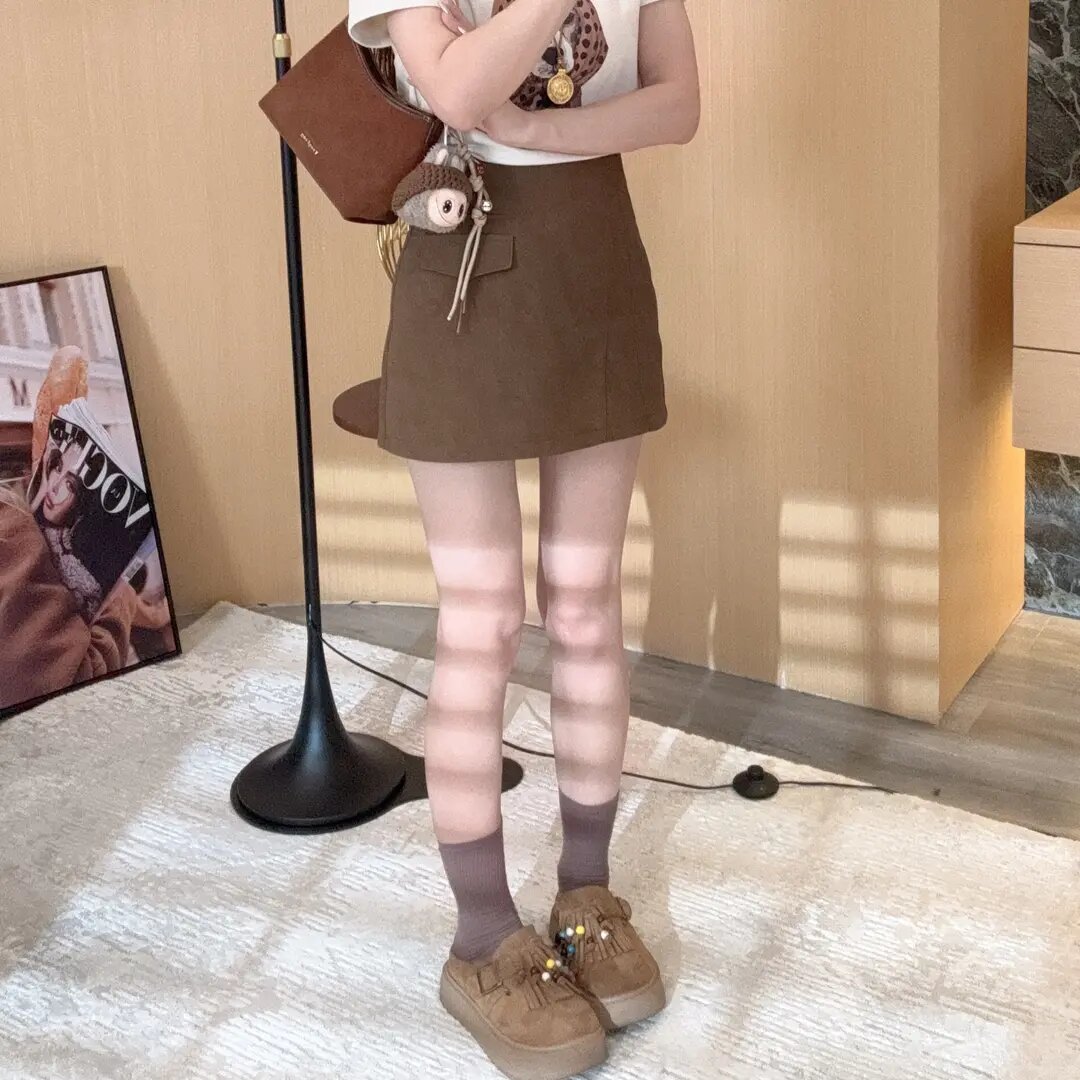 百搭时尚洋气麂皮减龄韩版A字裙潮高腰显瘦复古港风半身裙