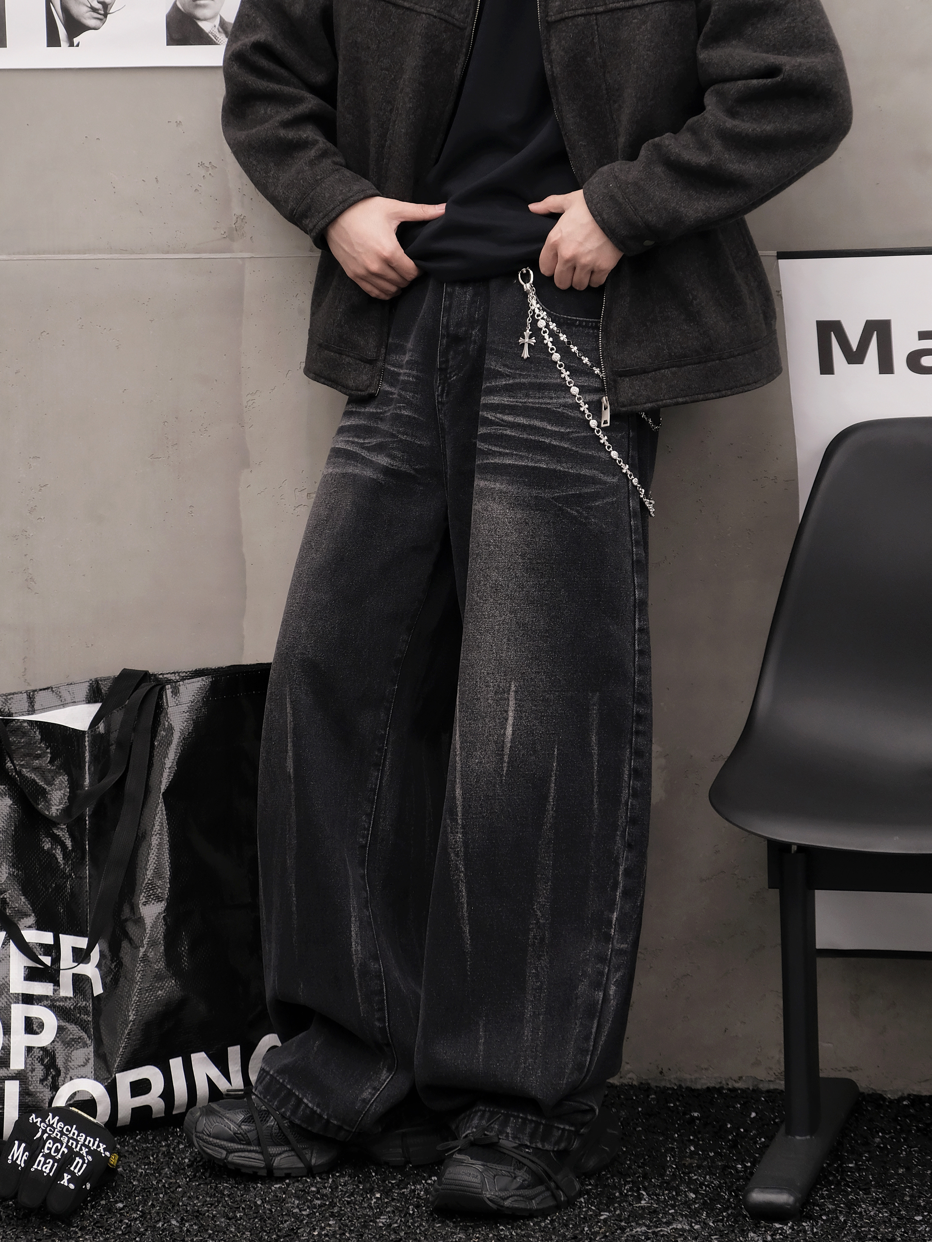 美式重工水洗设计感工装牛仔裤 ins高街重磅复古脏洗阔腿休闲长裤