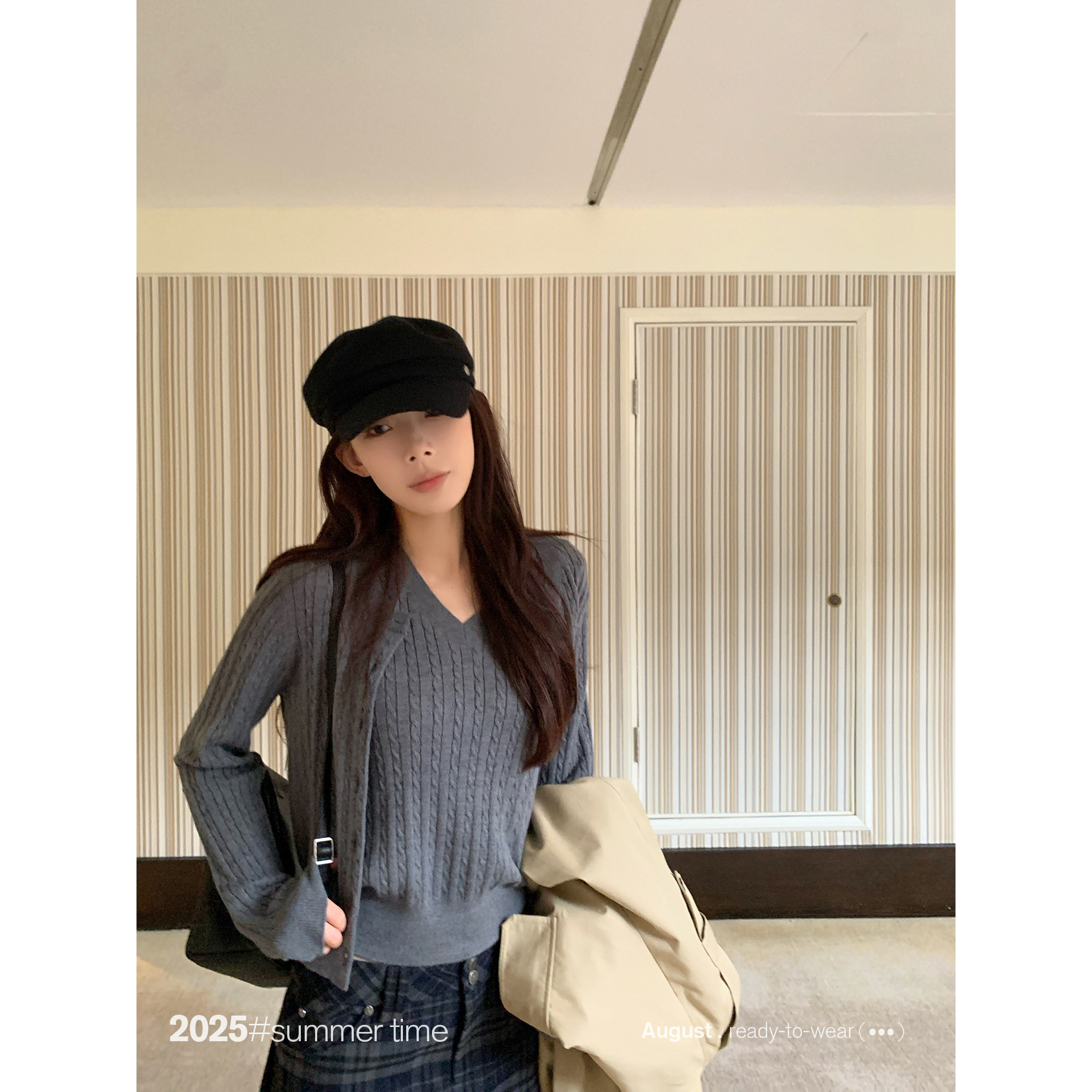 SUNONEONE 羊毛显瘦短袖毛衣开衫套装女秋韩系穿搭一整套H1332A