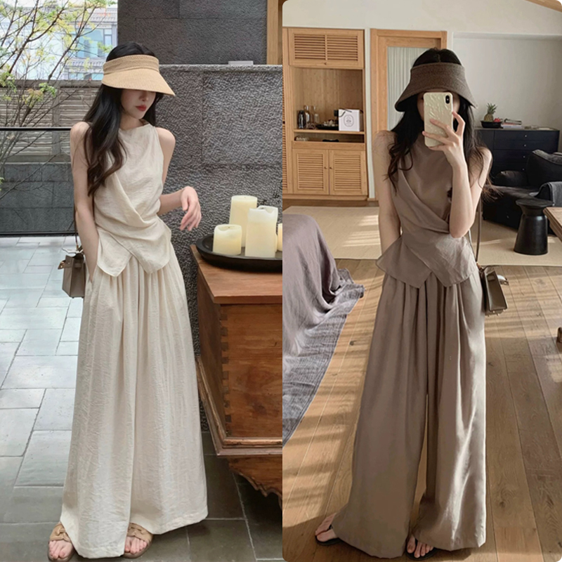 夏季时尚气质呼吸麻感背心绑带上衣女高腰显瘦松紧腰休闲裙裤套装