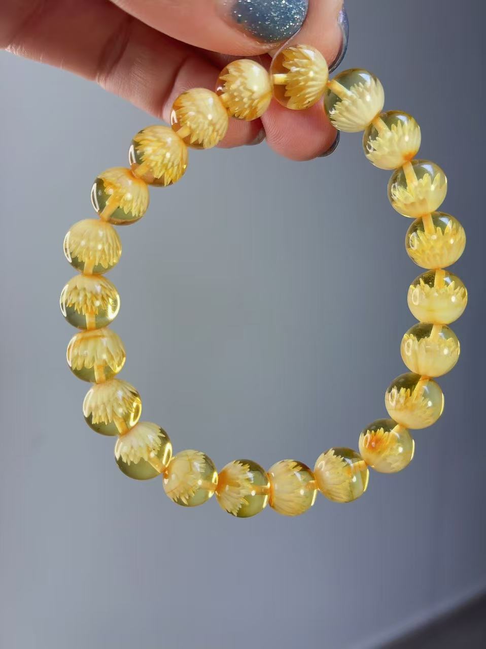 9mm天然墨西哥蓝珀手工阴雕莲花手串 男女均可佩戴 黄色 禅意珠串