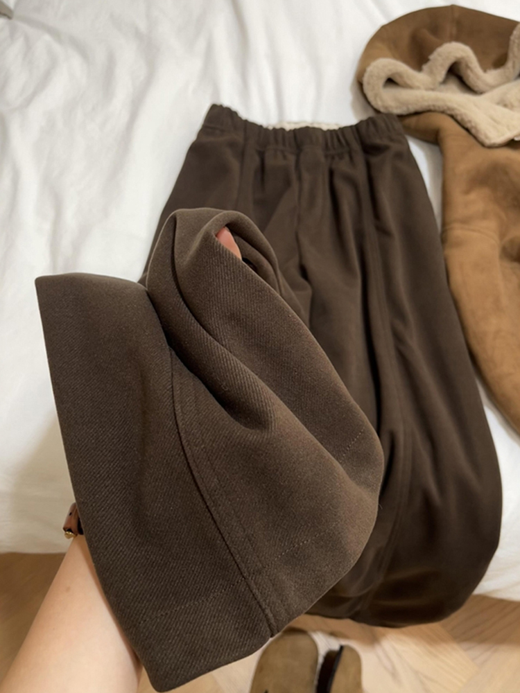 美拉德棕咖色毛呢阔腿裤女加绒加厚大码胖mm休闲裤今年流行梧桐裤
