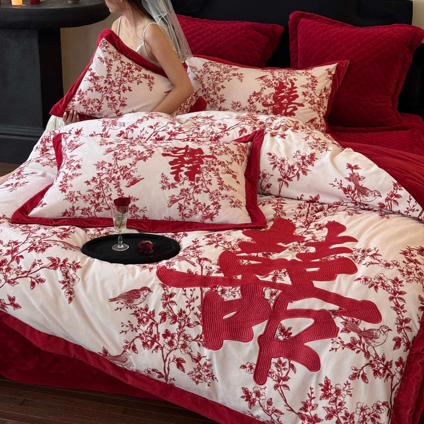 新中式宝宝绒婚庆四件套红色牛奶绒喜字被套冬季加厚结婚陪嫁床品