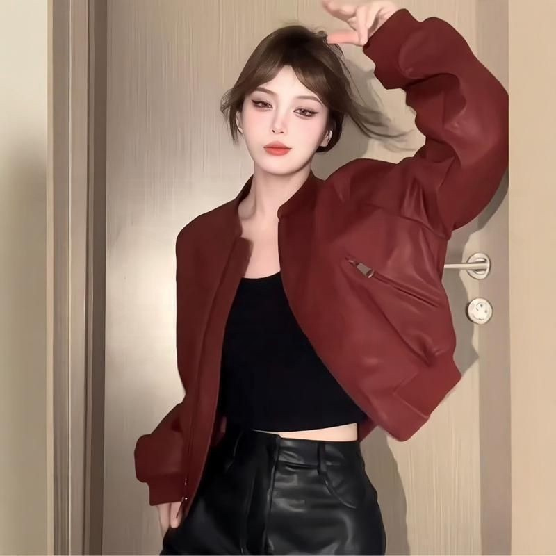 加绒皮大衣爆款海宁女款美式时尚红色网红外套女年百韩休闲
