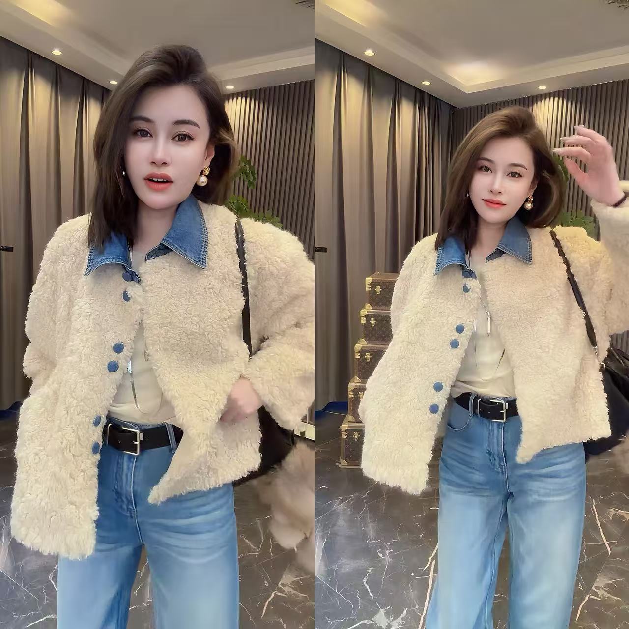 韩系氛围感穿搭新年2026新款复古气质拼接气质显瘦毛茸茸保暖外套