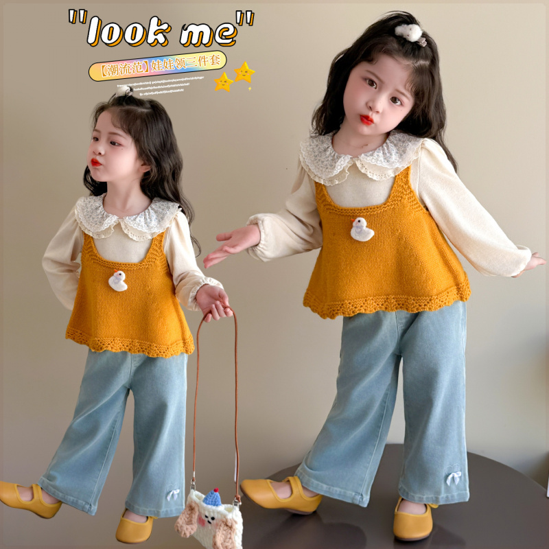 女童韩版套装春秋装新款儿童宝宝可爱背心打底衫牛仔裤三件套