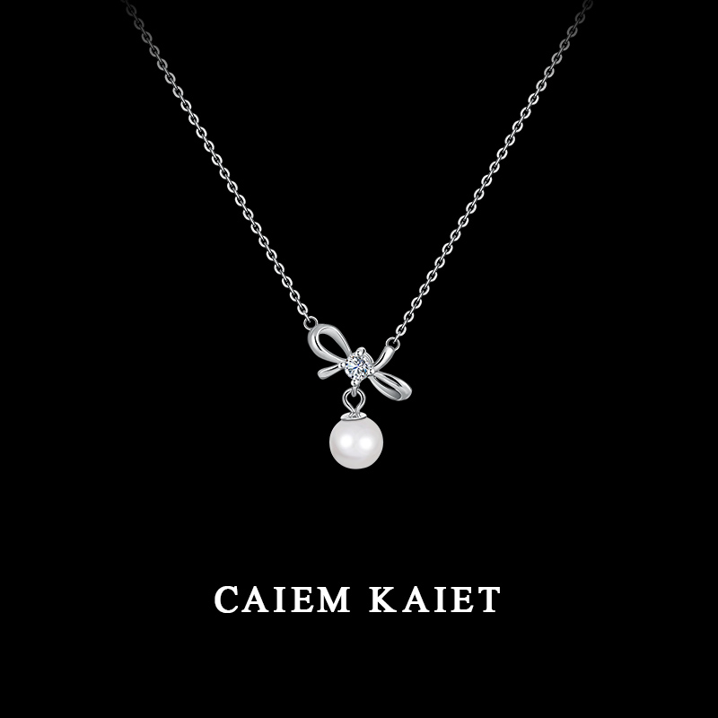 CAIEM KAIET 链子925银 蝴蝶结锆石珍珠纯银项链女时尚气质锁骨链