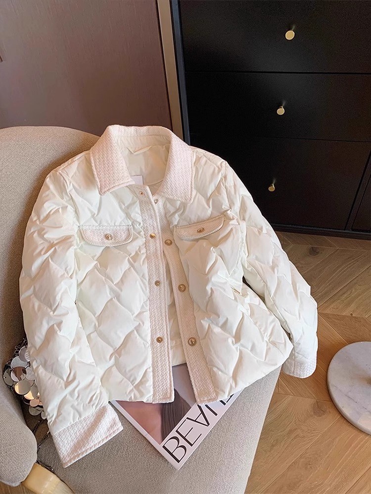 小香风气质名媛简约纯色拼接时尚棉服秋冬季设计感POLO领外套潮女