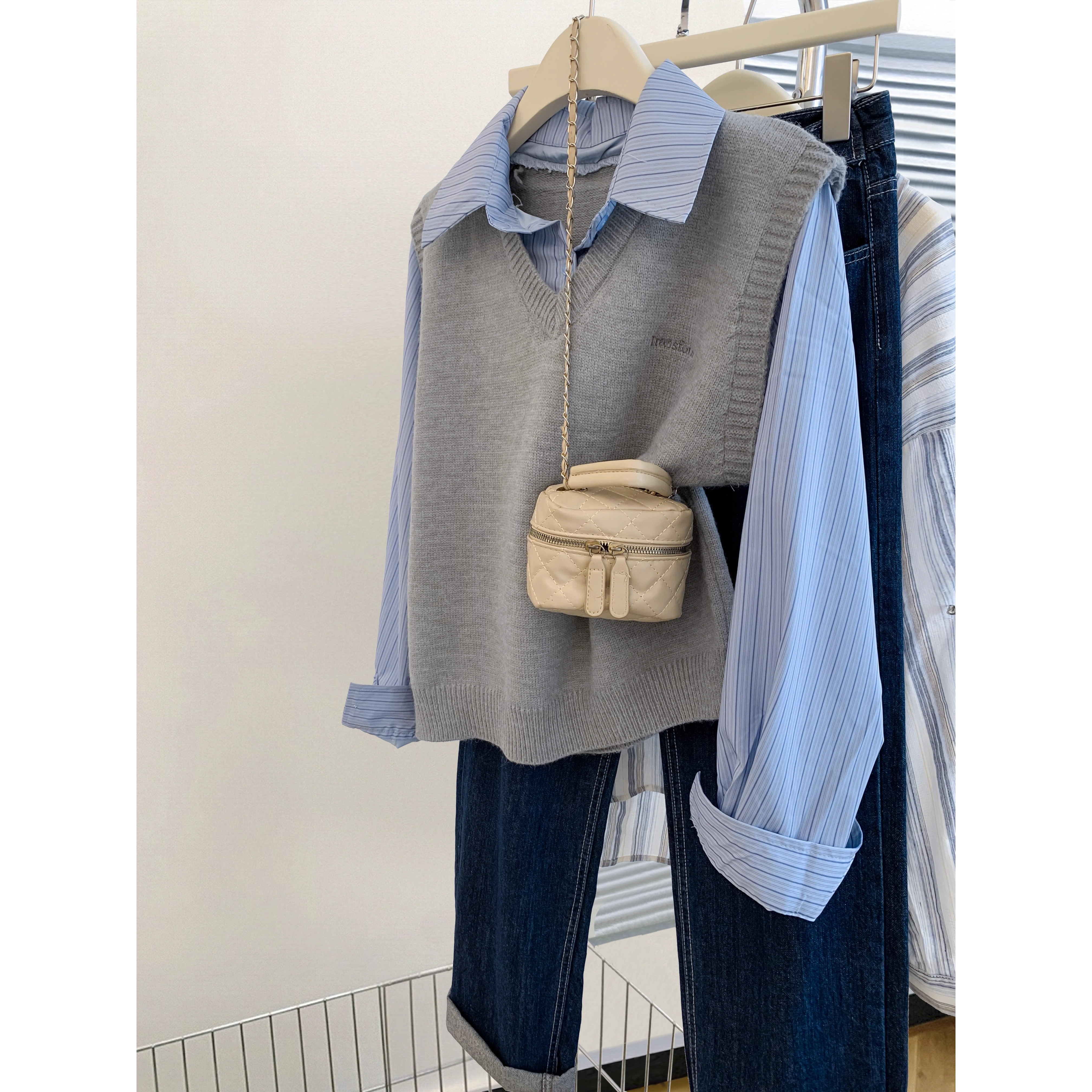 灰色针织毛衣背心百搭假两件条纹衬衫女韩系穿搭Polo领开衫上衣春