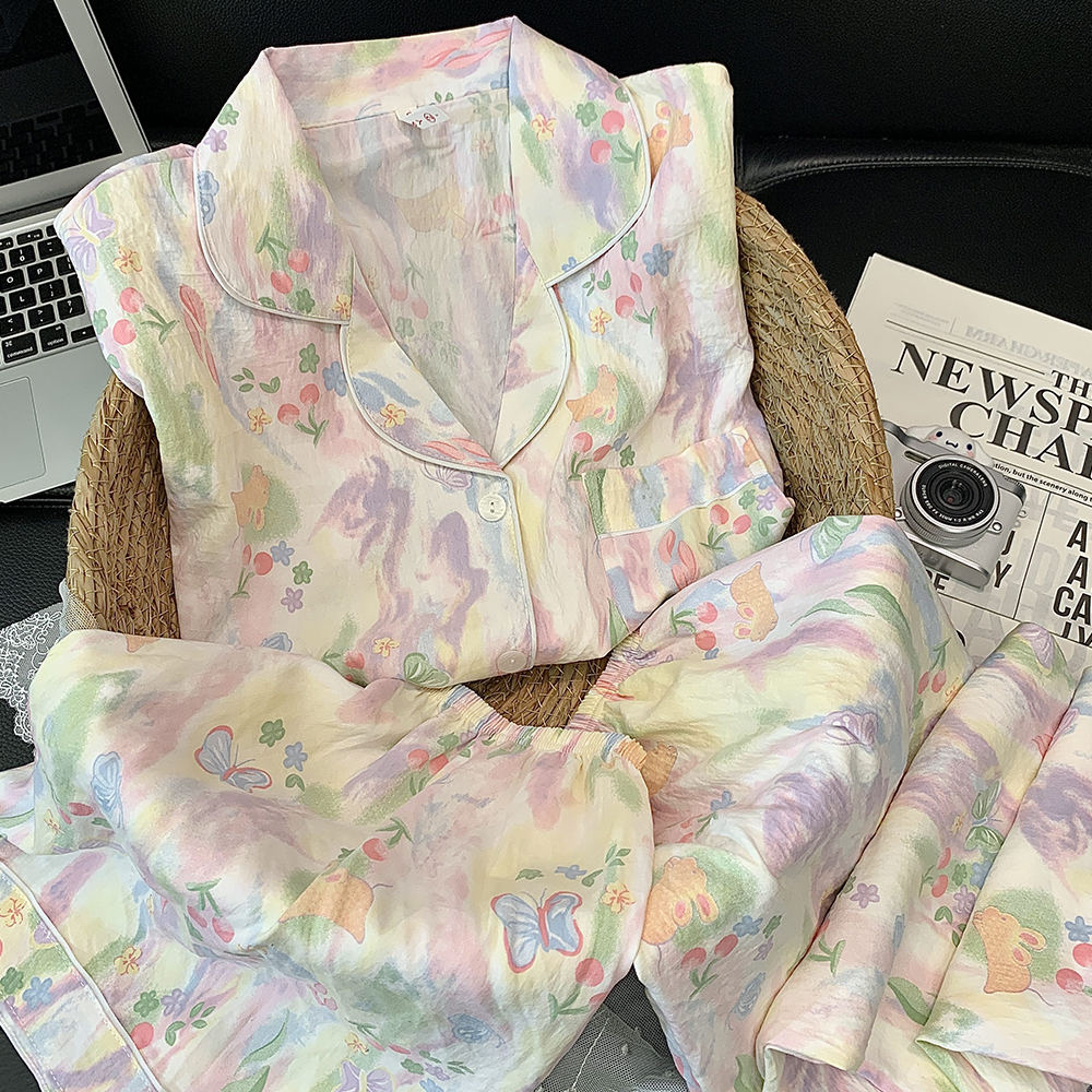 【三件套国色天香】短袖云朵绵夏季韩版家居服套装印花睡衣