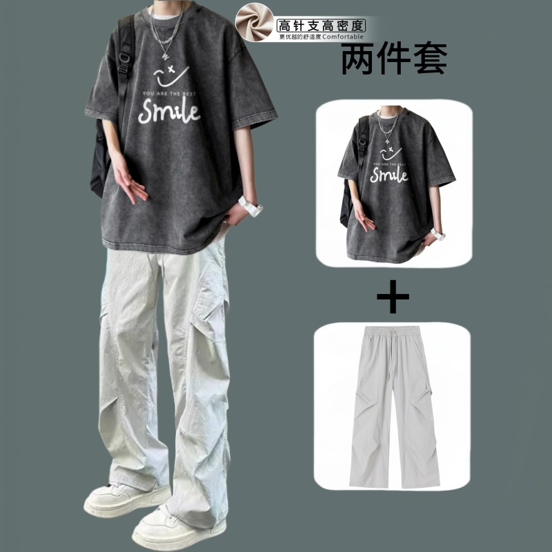 重磅水洗短袖男套装潮牌圆领T恤休闲宽松t恤搭配工装长裤两件套男