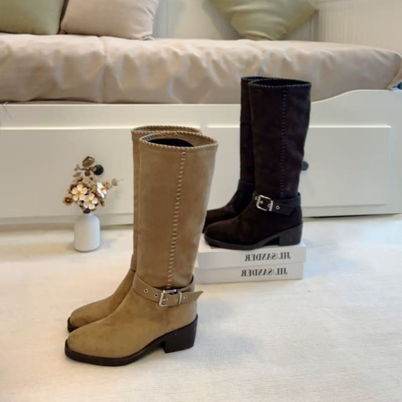时装靴新款爆款百搭时尚可拆卸扣带多种穿法绒面增高显瘦粗跟骑士