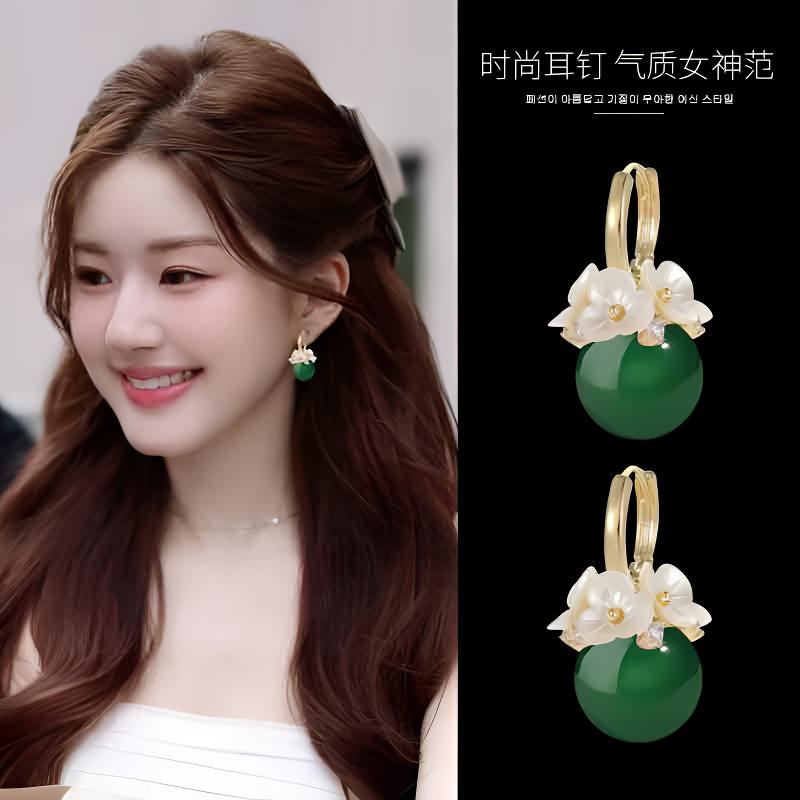 钛钢贝壳耳饰 轻奢高级感中国风绿色贝壳花复古耳环女925银耳钉