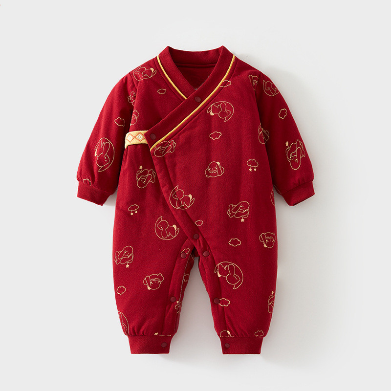 新款夹棉红色连体衣秋冬哈衣冬季喜庆舒适时尚男女宝宝衣服洋气潮