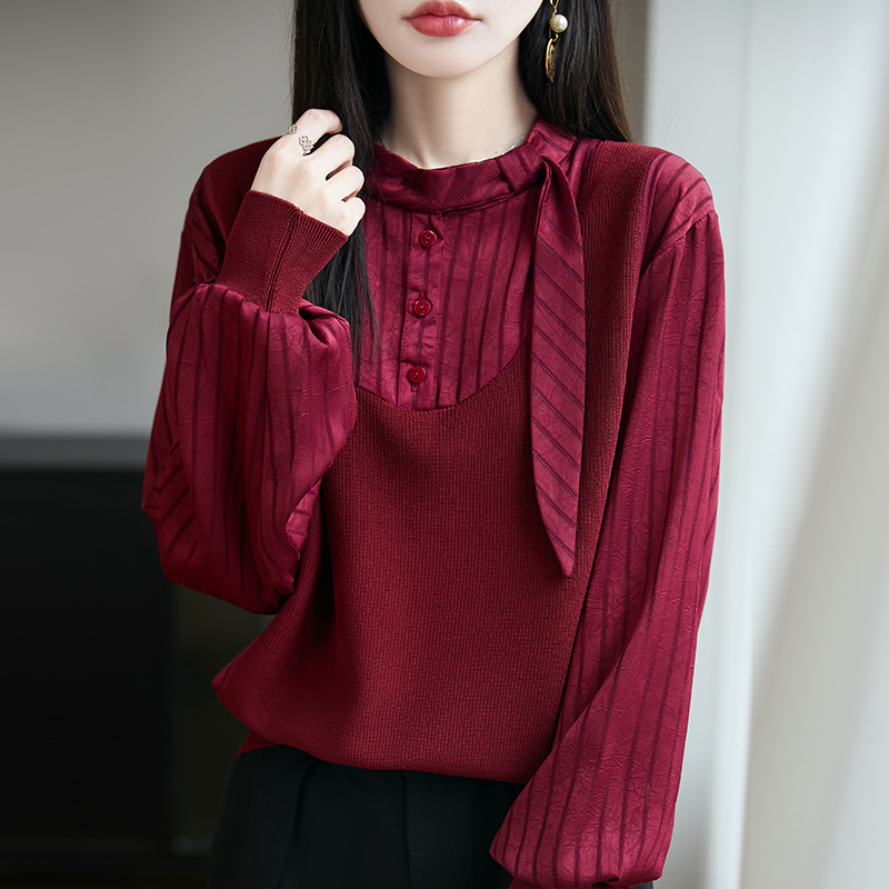 春竹秋季新款大码女士毛衣遮肚子显瘦飘带气质内搭针织打底衫上衣