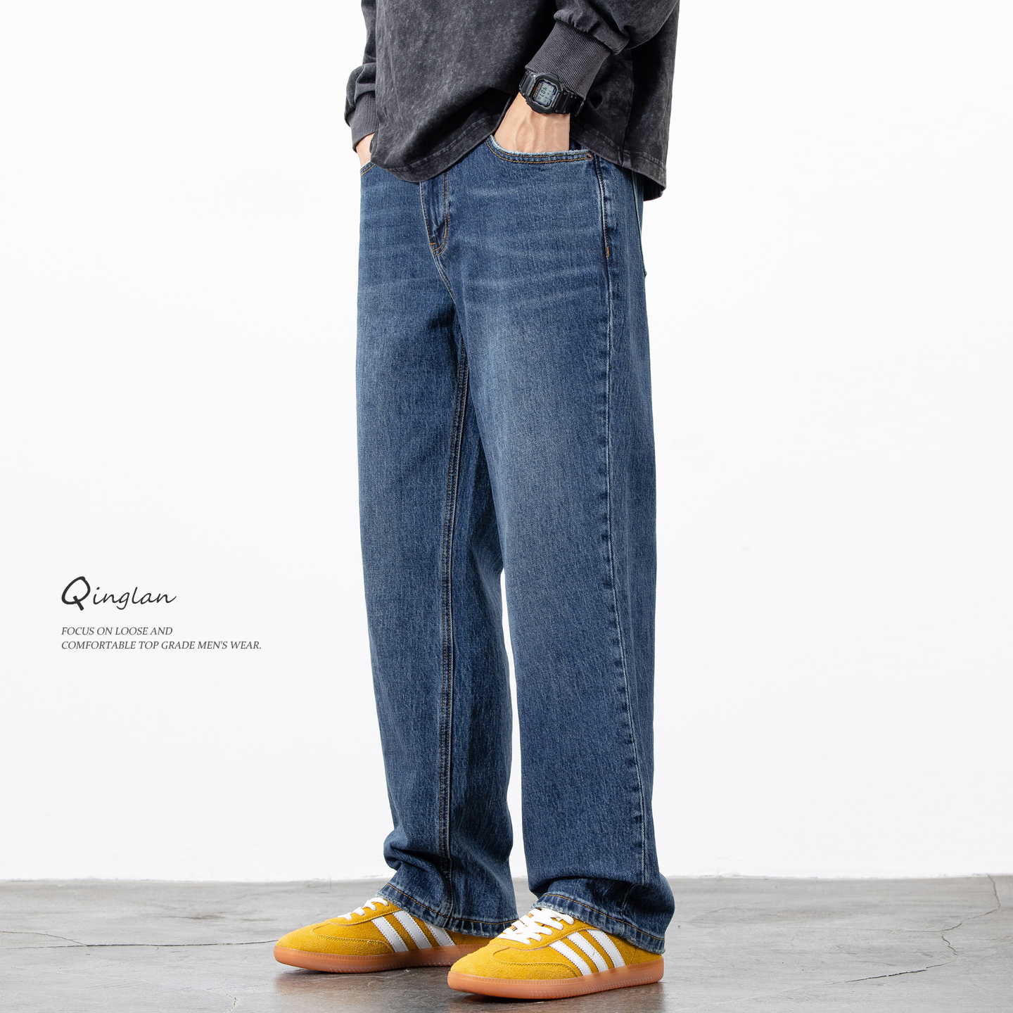 水洗蓝色牛仔裤男直筒宽松潮流休闲百搭高端弹力裤子2025秋冬新款